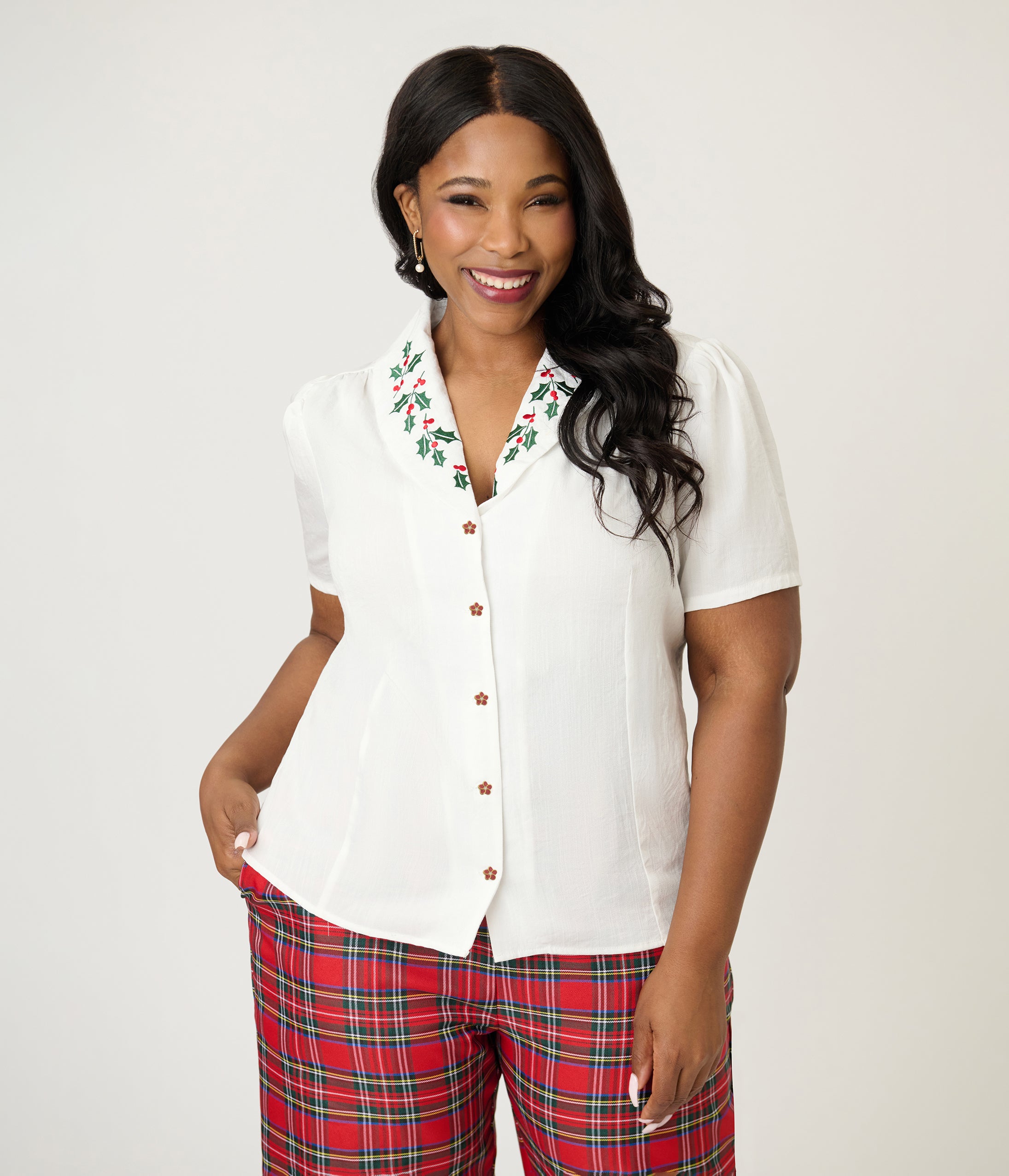 Unique Vintage Plus Size White & Holly Embroidered Collar Blouse