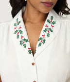 Unique Vintage Plus Size White & Holly Embroidered Collar Blouse