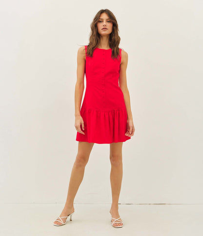 Red Drop Waist Button Front Mini Dress