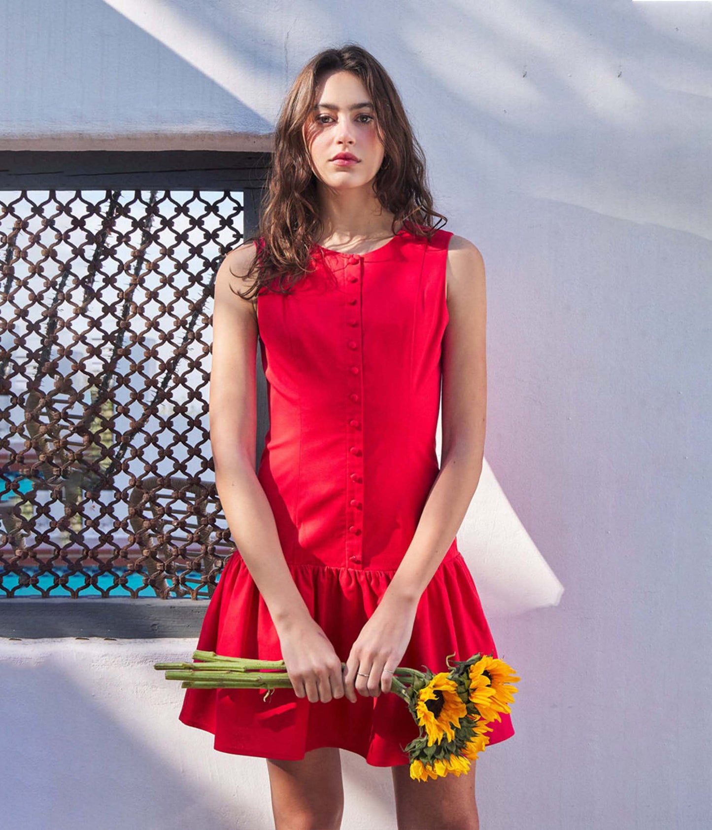 Red Drop Waist Button Front Mini Dress