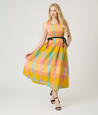Multicolor Checkered Smocked Midi Dress