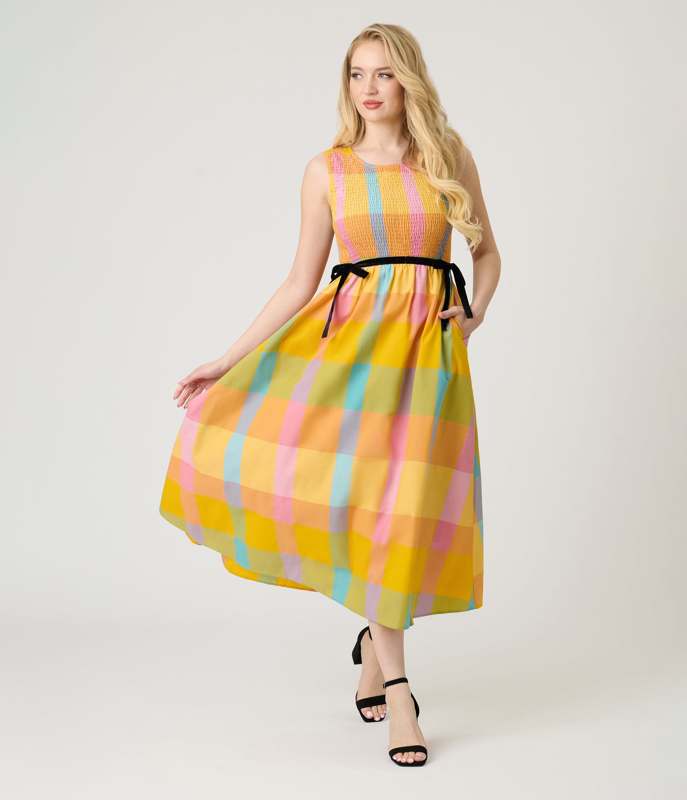 Multicolor Checkered Smocked Midi Dress