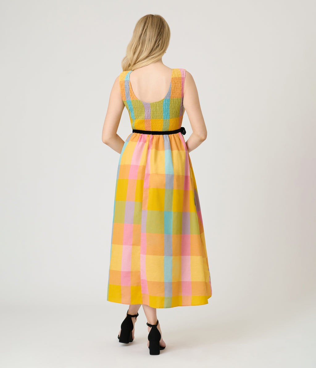 Multicolor Checkered Smocked Midi Dress