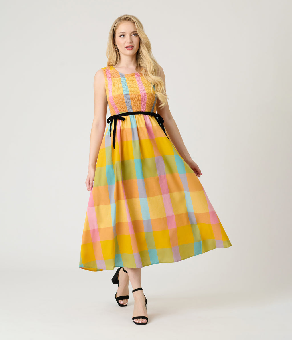 Multicolor Checkered Smocked Midi Dress