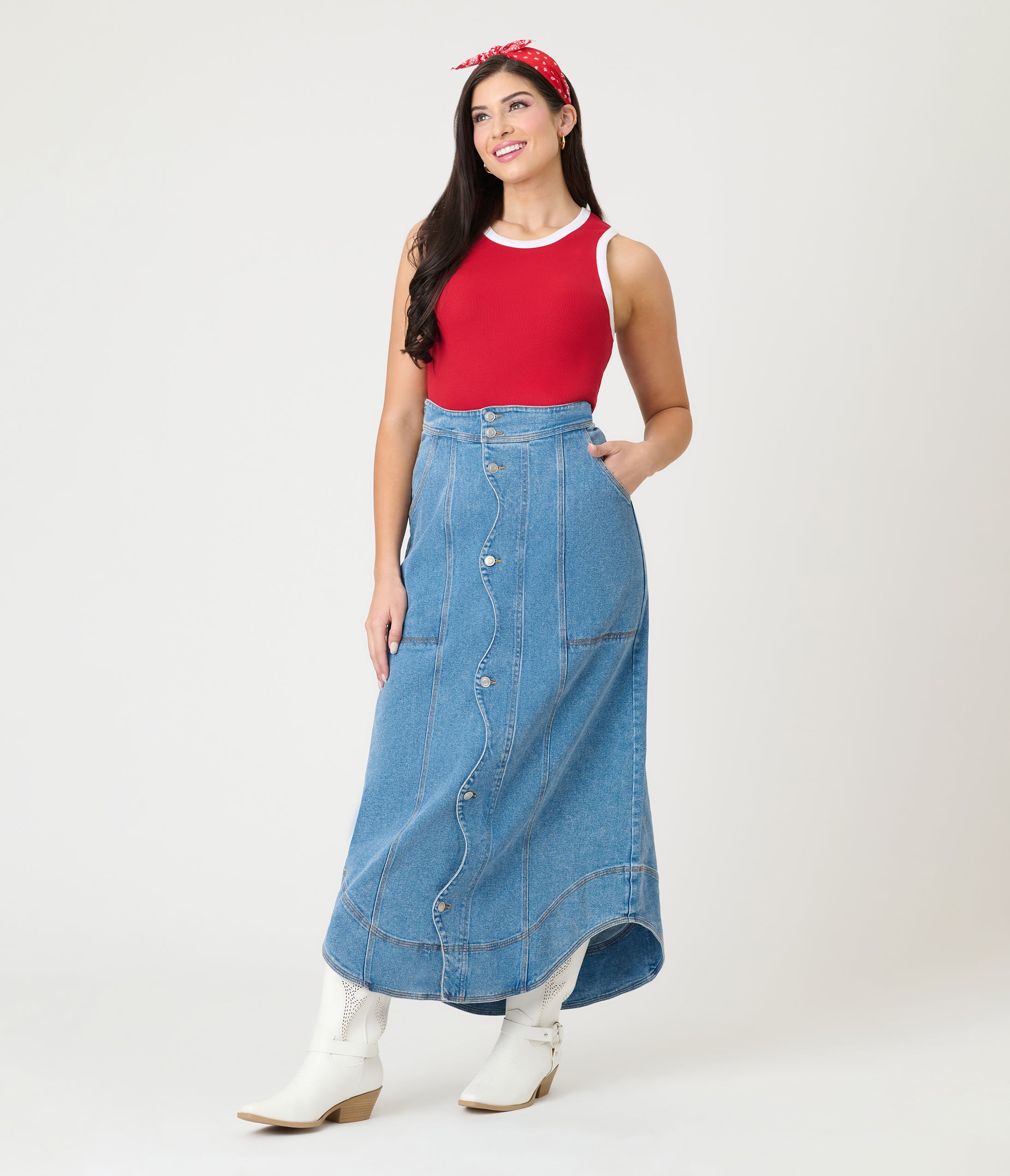 Wavy Placket Denim Maxi Skirt