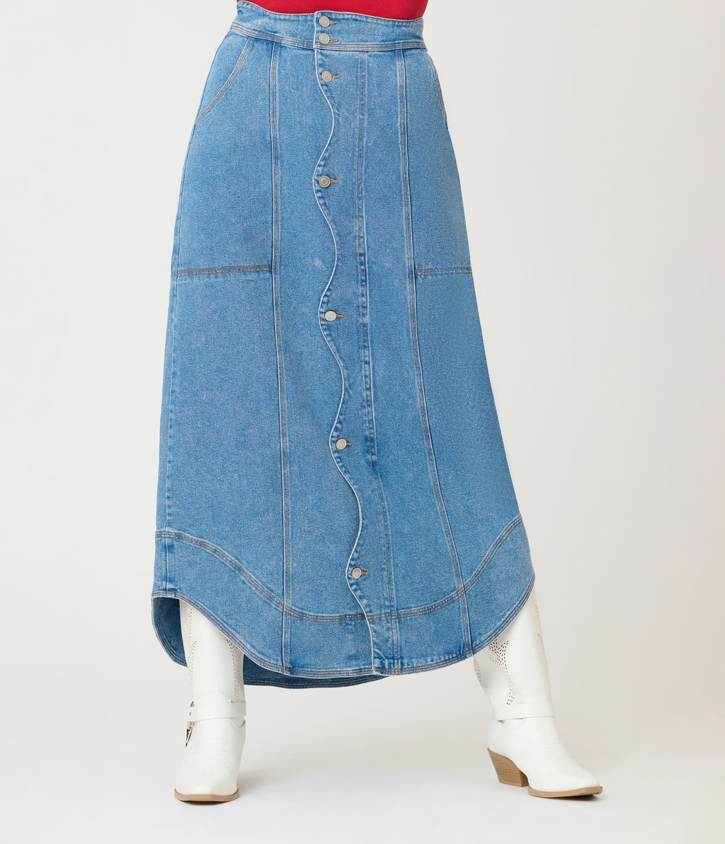 Wavy Placket Denim Maxi Skirt