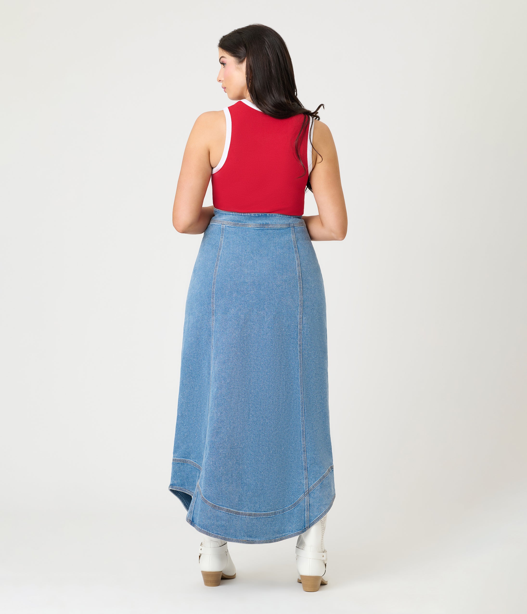 Wavy Placket Denim Maxi Skirt