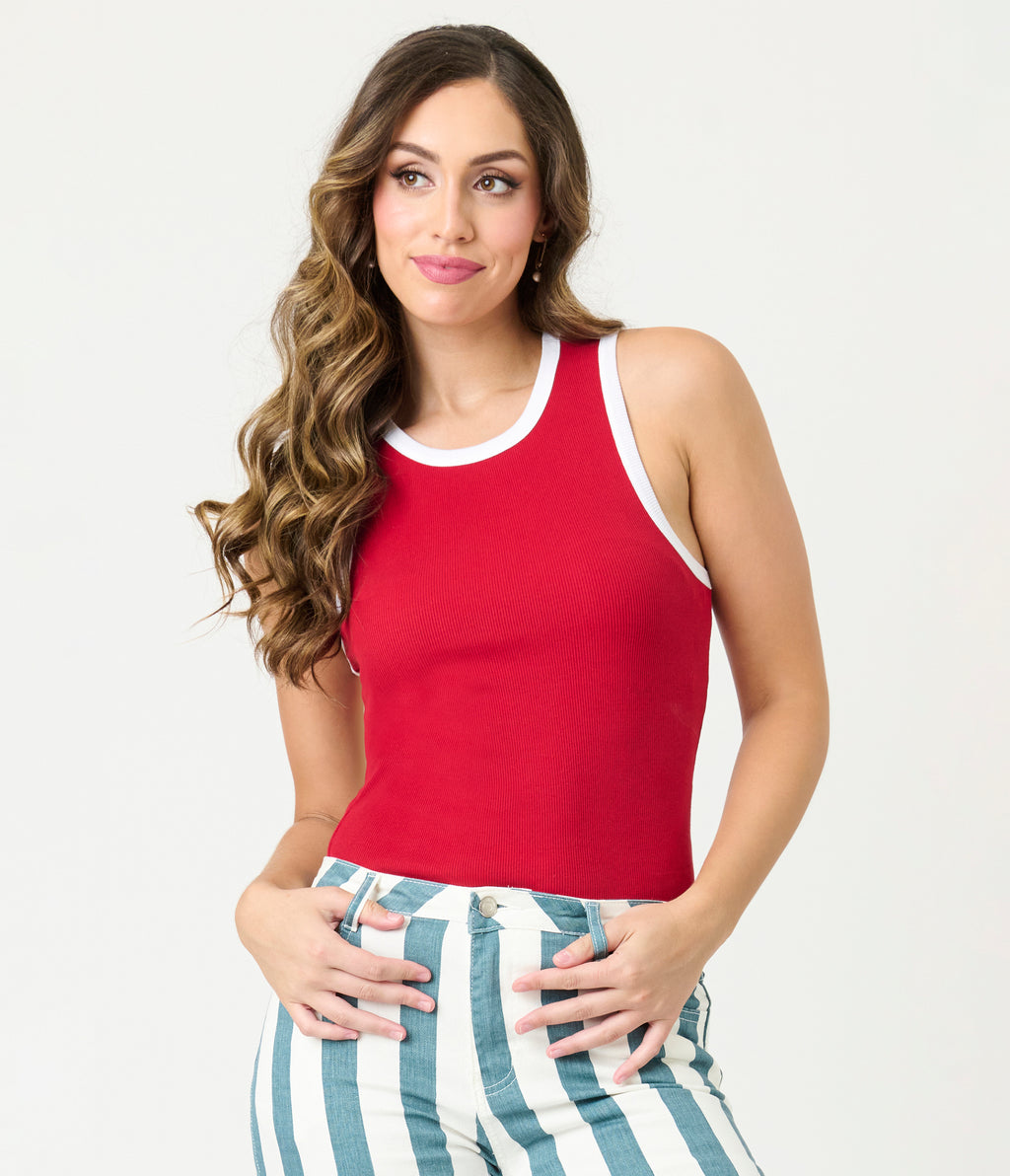 Red & White Maria Crew Neck Muscle Tank Top