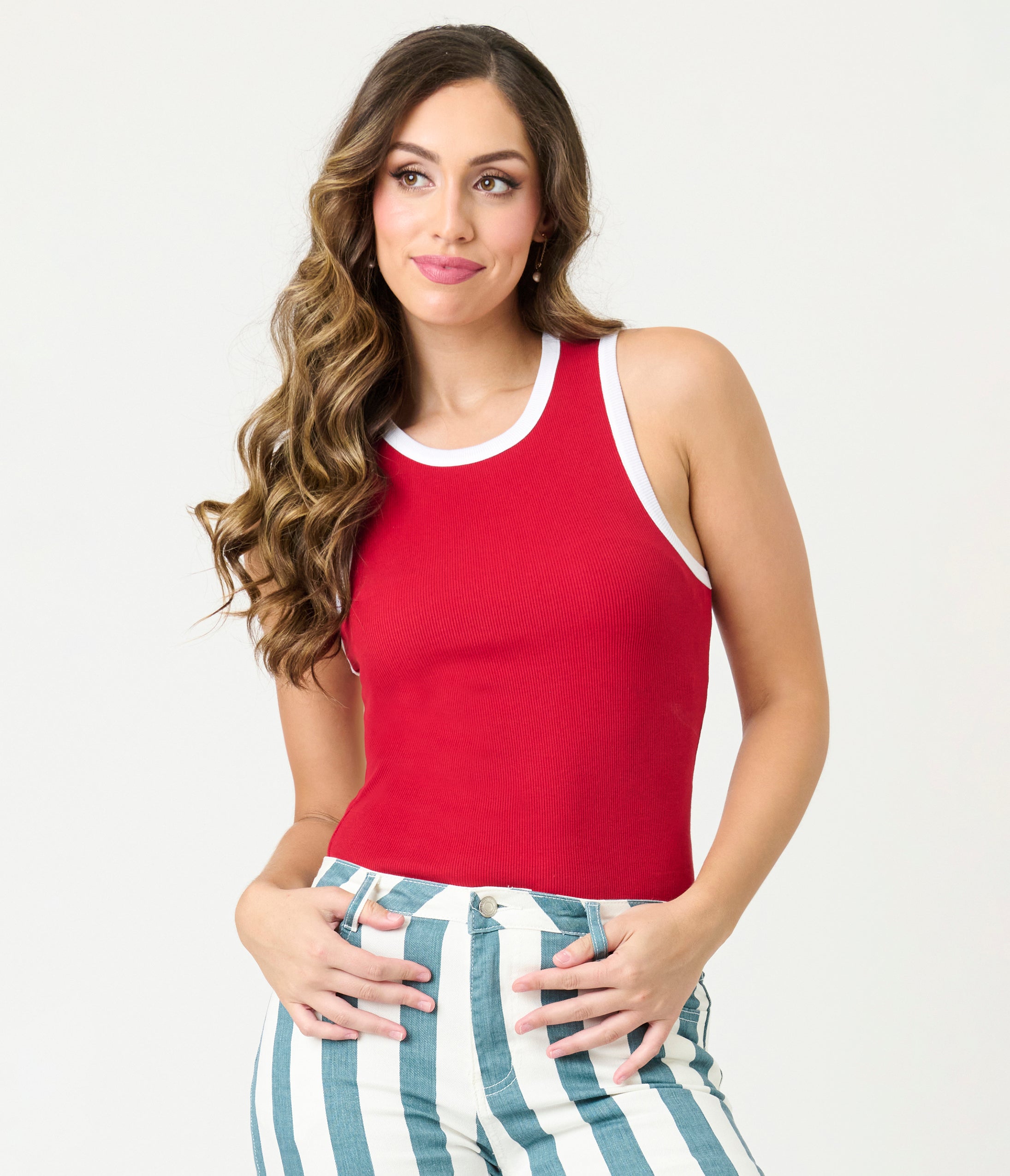 Red & White Maria Crew Neck Muscle Tank Top