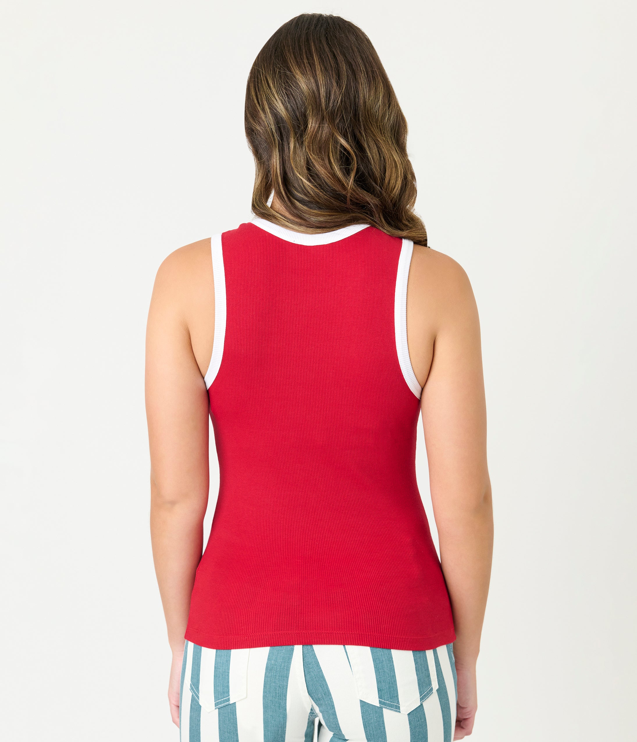 Red & White Maria Crew Neck Muscle Tank Top