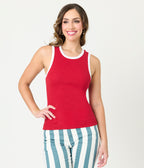 Red & White Maria Crew Neck Muscle Tank Top