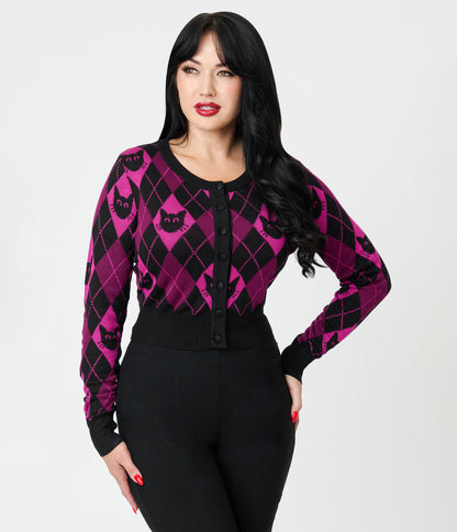 Jawbreaker Purple & Black Argyle Cat Cardigan