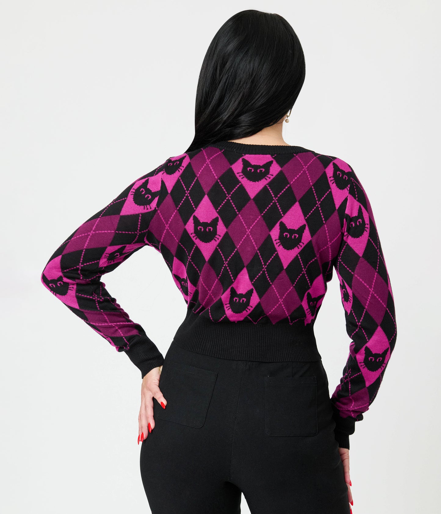 Jawbreaker Purple & Black Argyle Cat Cardigan