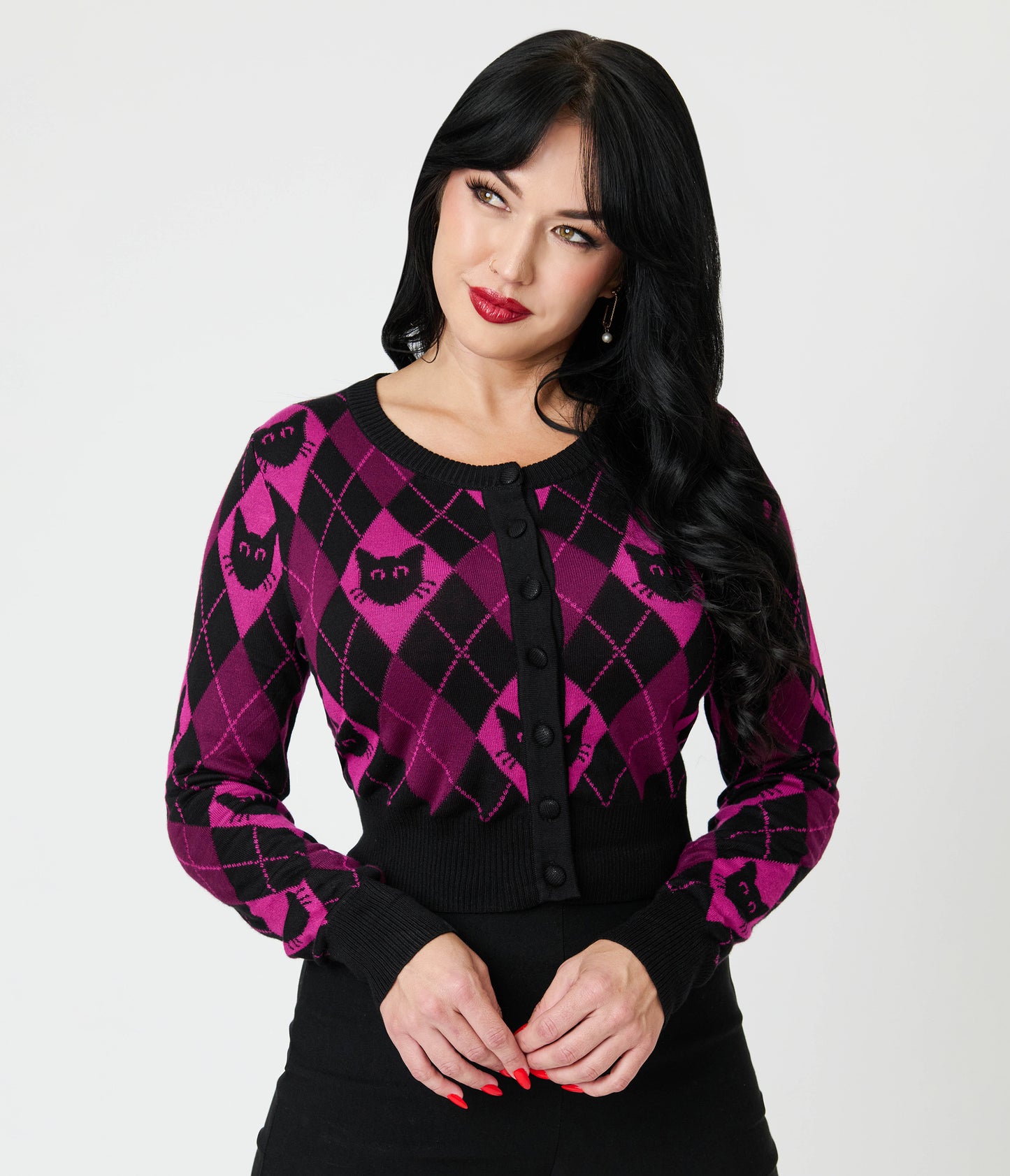 Jawbreaker Purple & Black Argyle Cat Cardigan