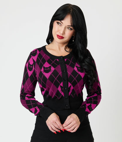 Jawbreaker Purple & Black Argyle Cat Cardigan