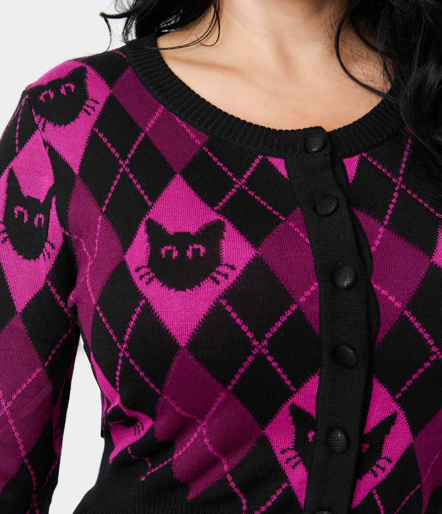 Jawbreaker Purple & Black Argyle Cat Cardigan