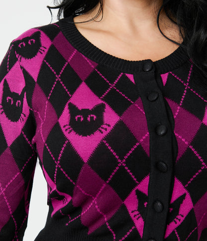 Jawbreaker Purple & Black Argyle Cat Cardigan