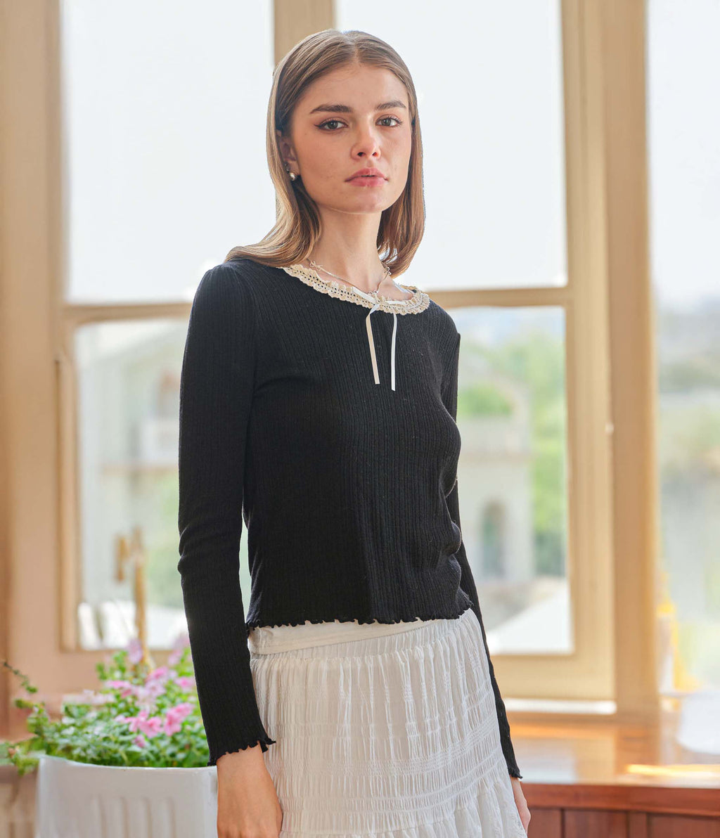 Black Lace Ribbon Knit Top