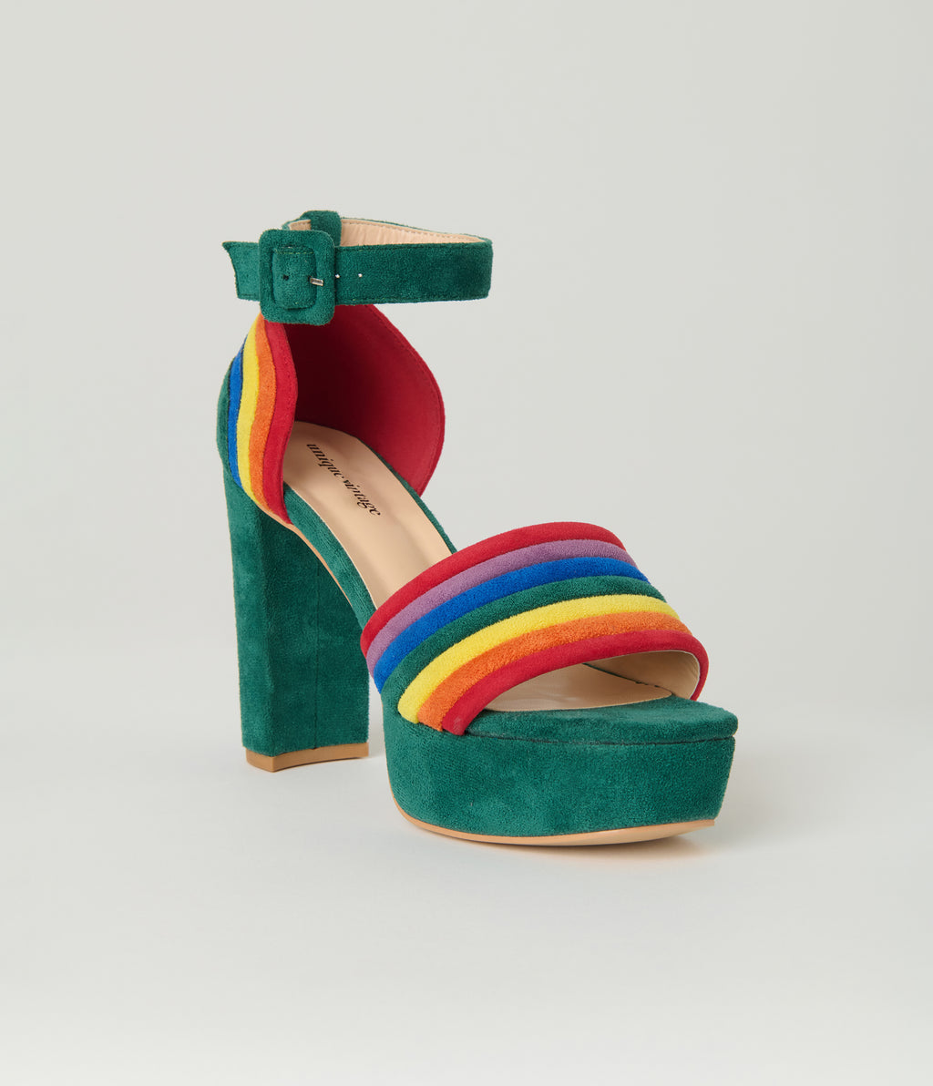 Unique Vintage Green & Rainbow Suede Peep Toe Pumps