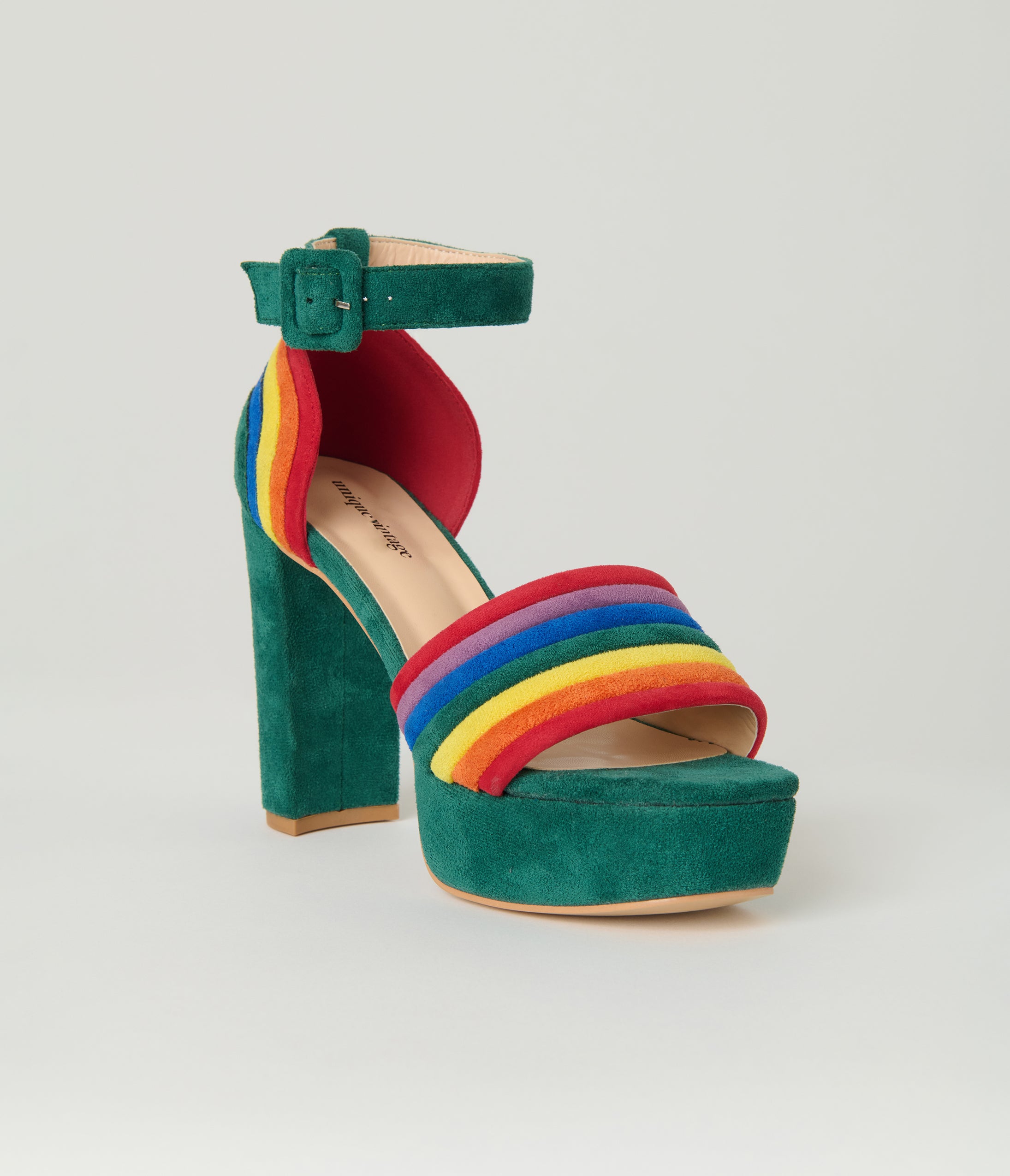 Unique Vintage Green & Rainbow Suede Peep Toe Pumps