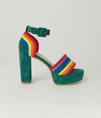 Unique Vintage Green & Rainbow Suede Peep Toe Pumps