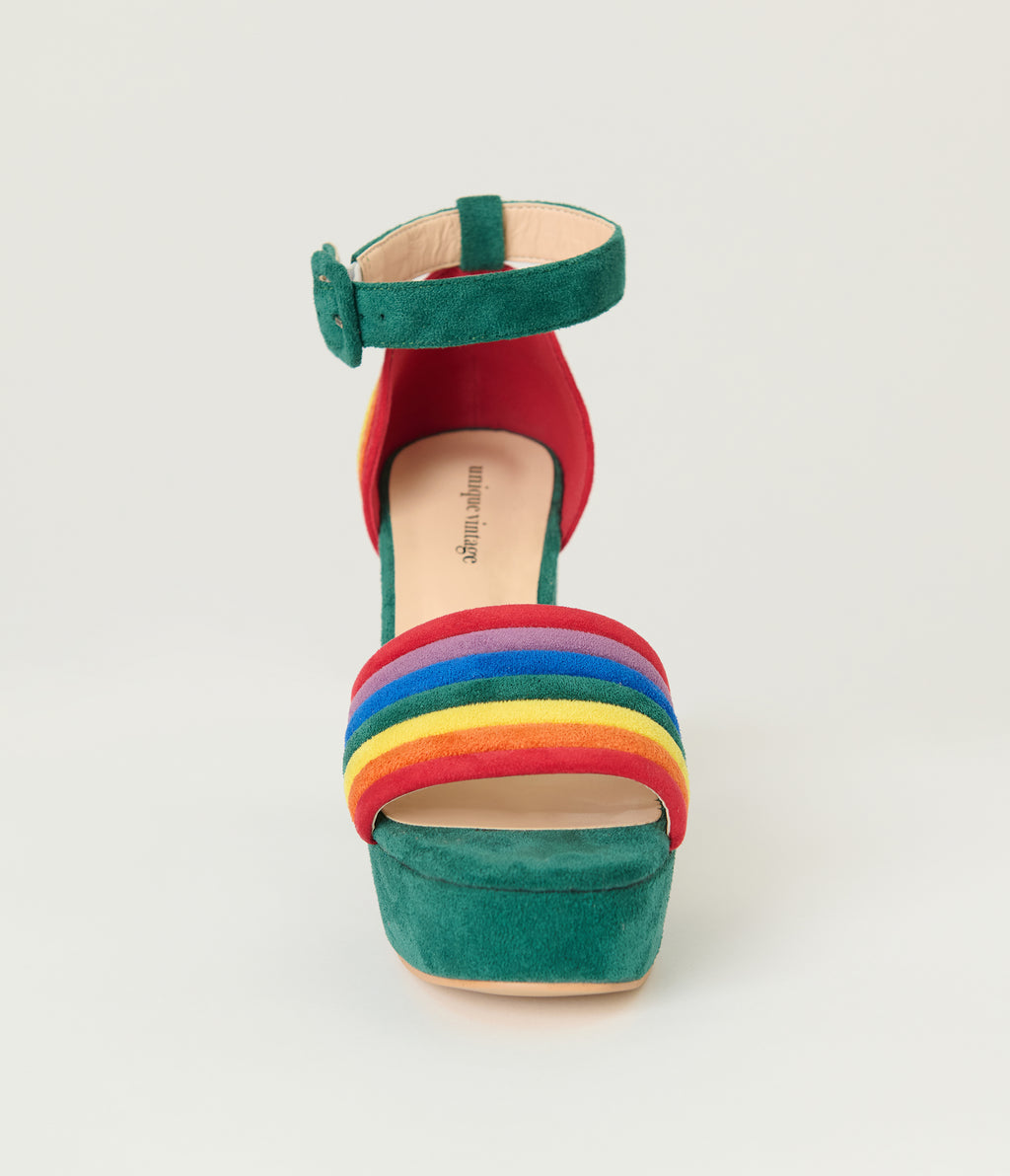 Unique Vintage Green & Rainbow Suede Peep Toe Pumps