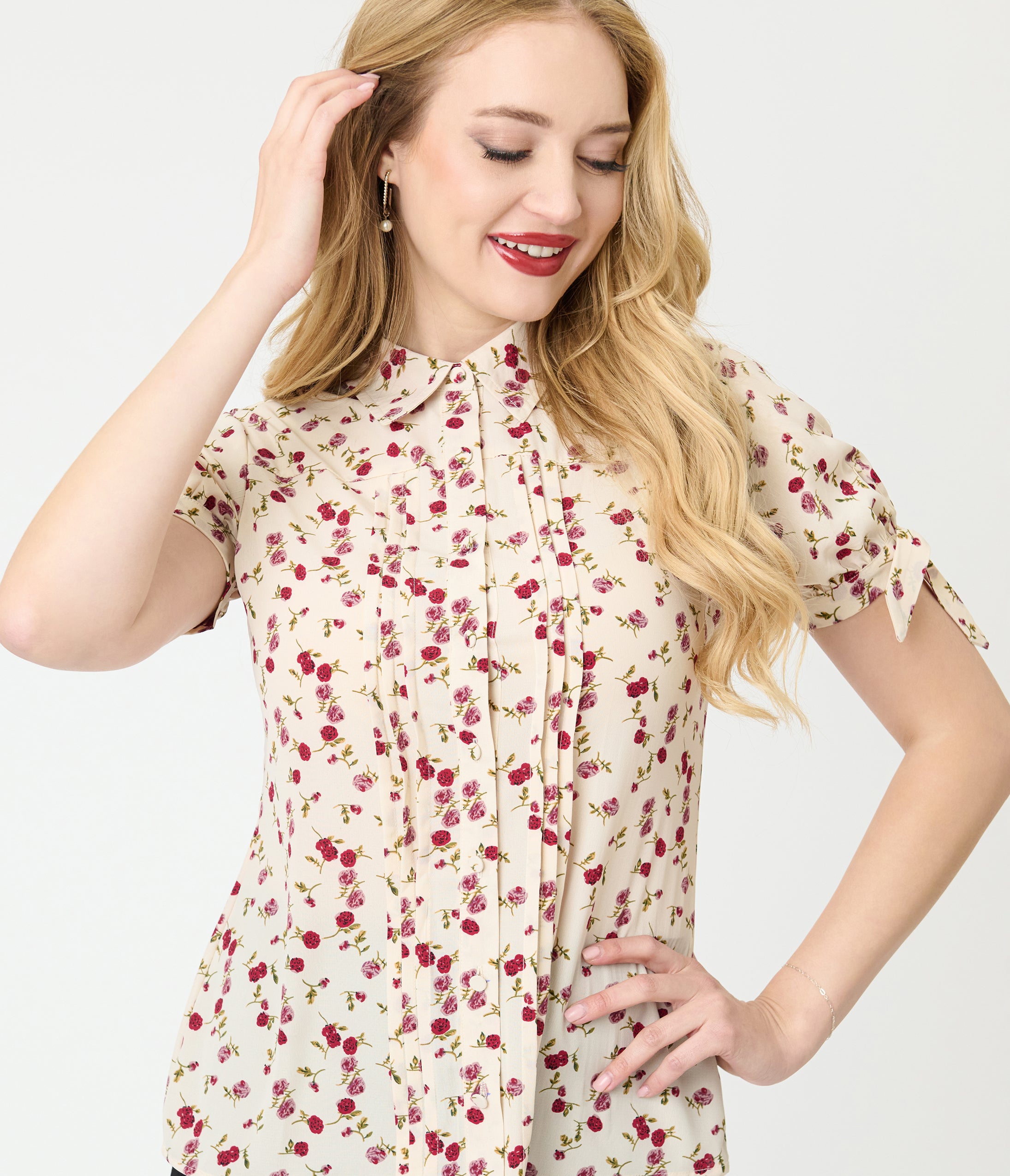 Unique Vintage Light Pink & Floral Print Colvin Blouse