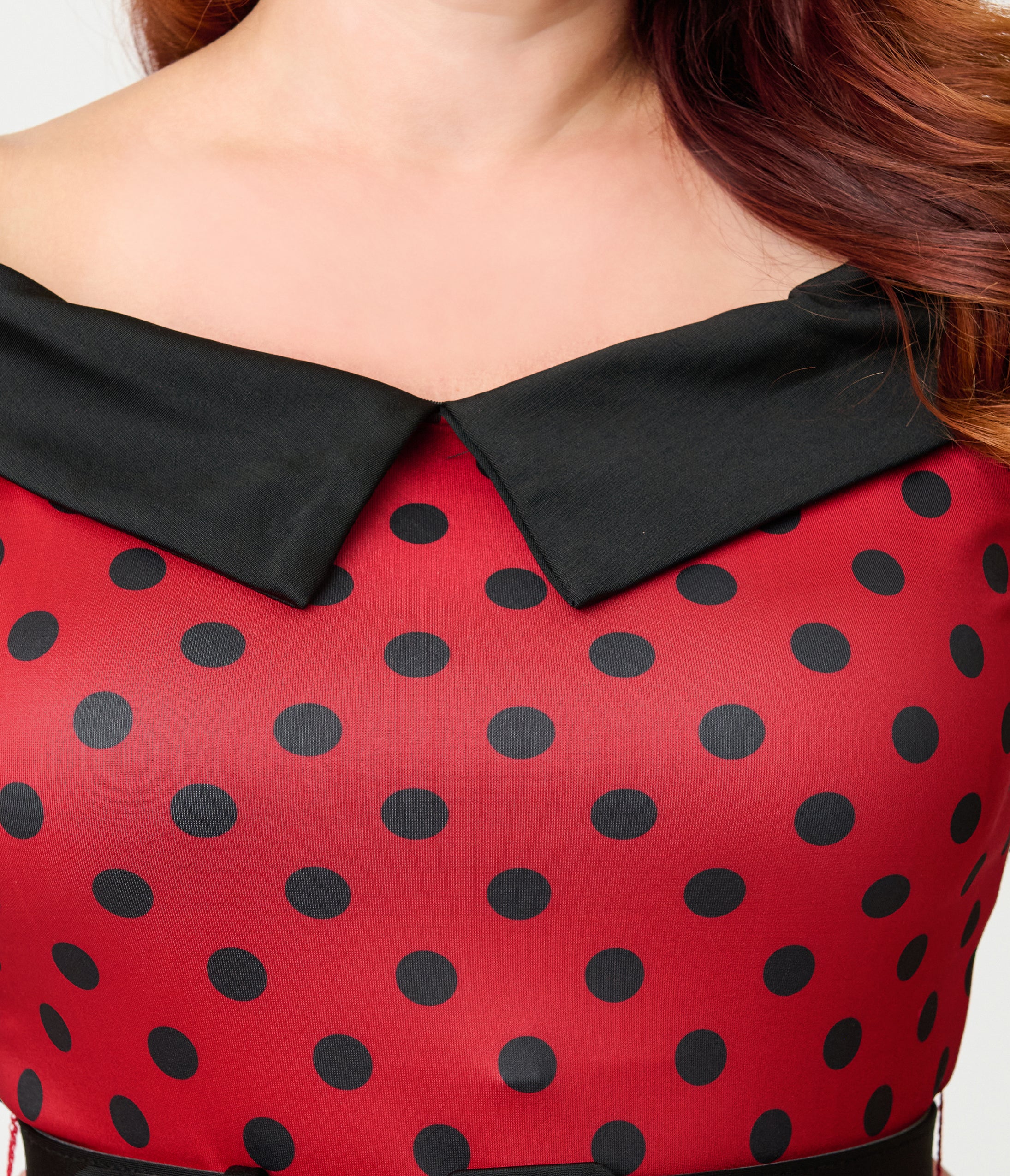 Unique Vintage Plus Size Red & Black Polka Dot Off the Shoulder Swing Dress
