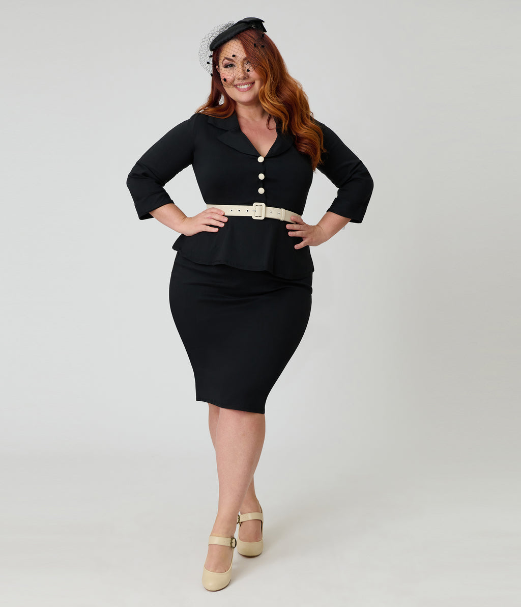 Unique Vintage Plus Size Black & White Peplum Cooper Suit Dress
