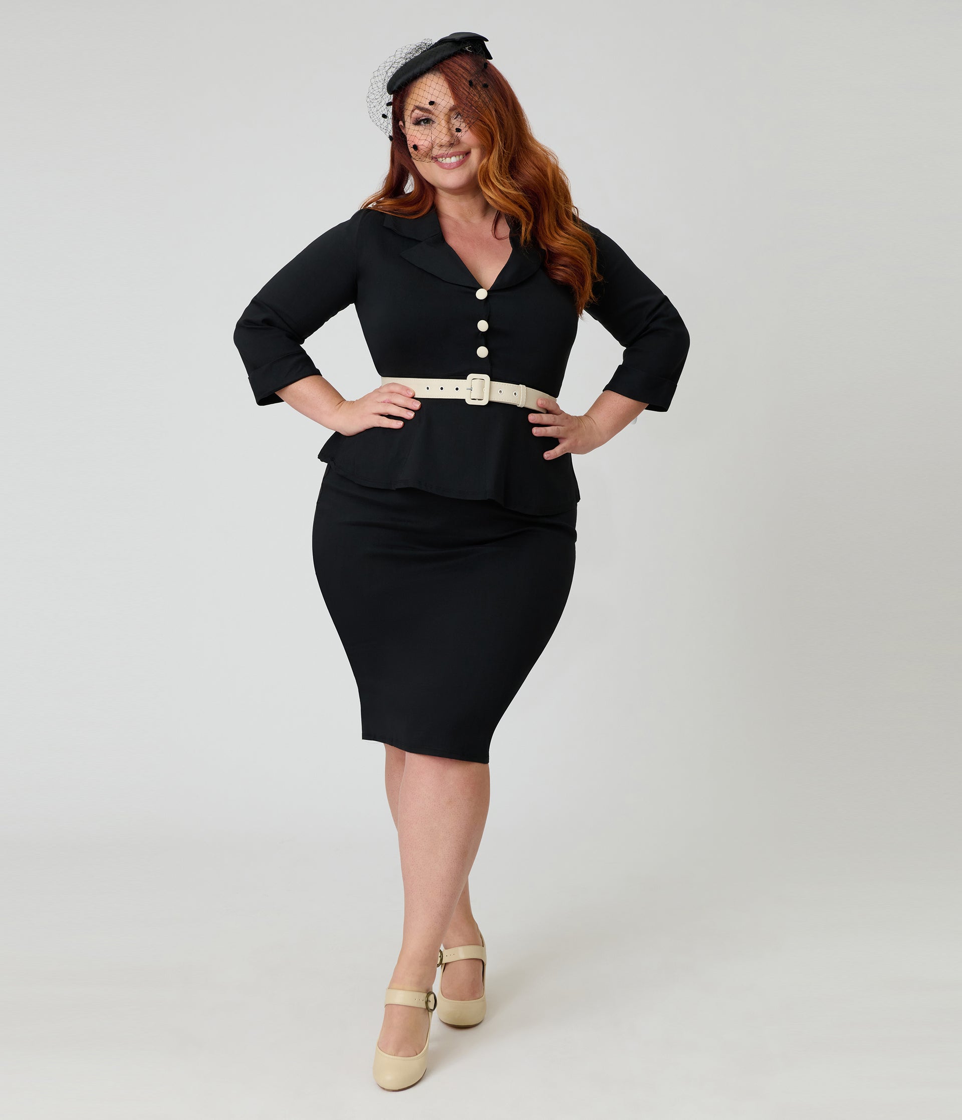 Unique Vintage Plus Size Black & White Peplum Cooper Suit Dress