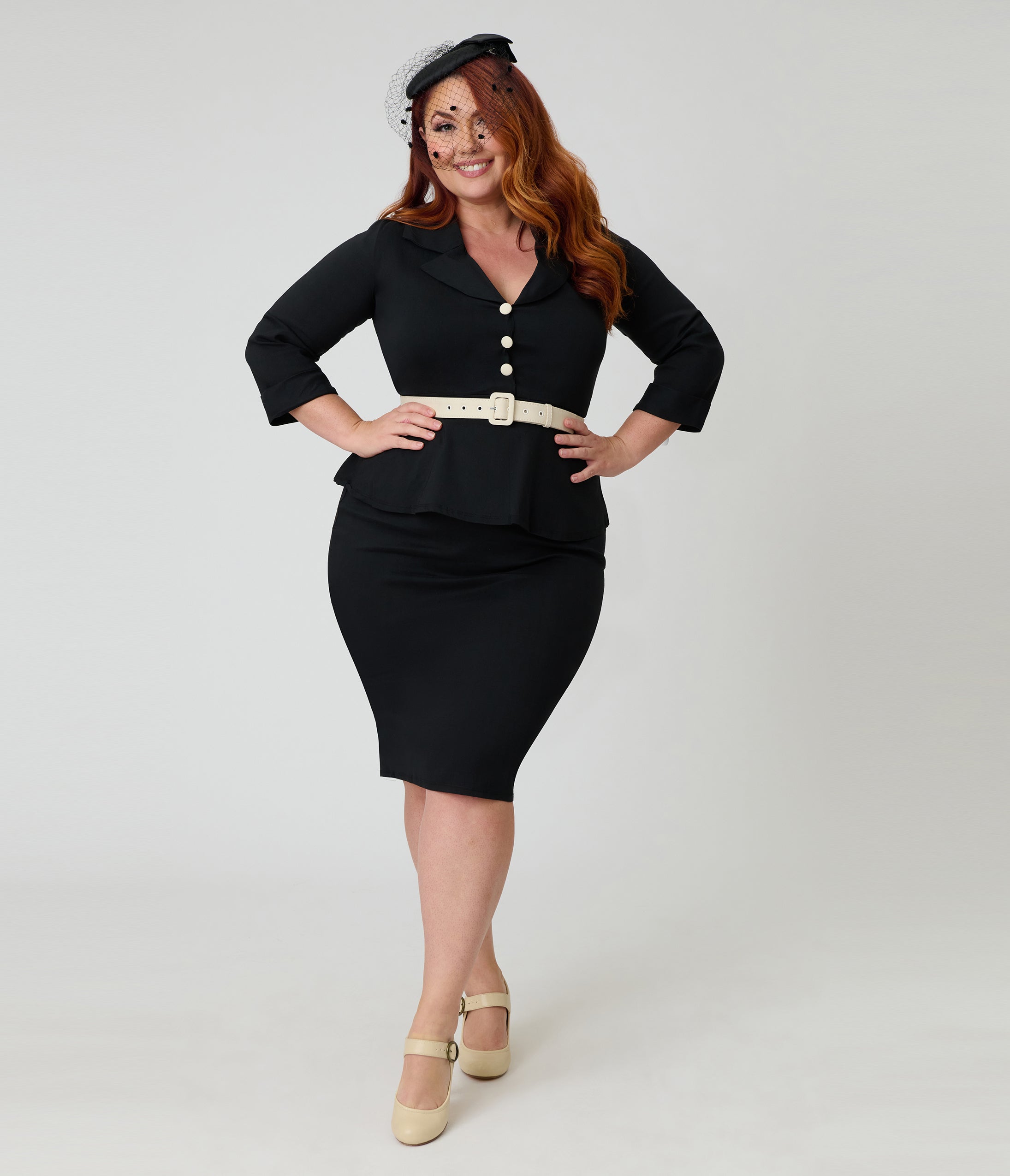 Unique Vintage Plus Size Black & White Peplum Cooper Suit Dress
