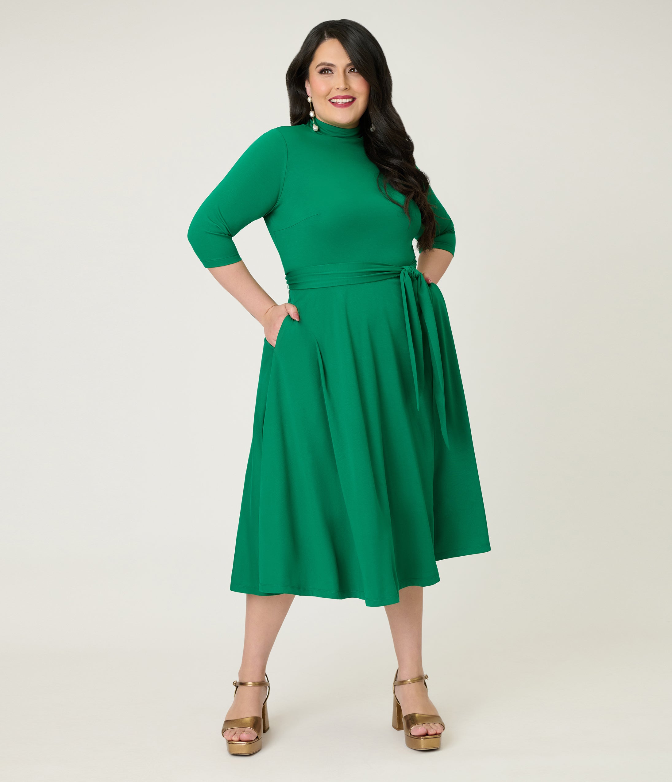 Unique Vintage Plus Size Green Turtleneck Midi Dress