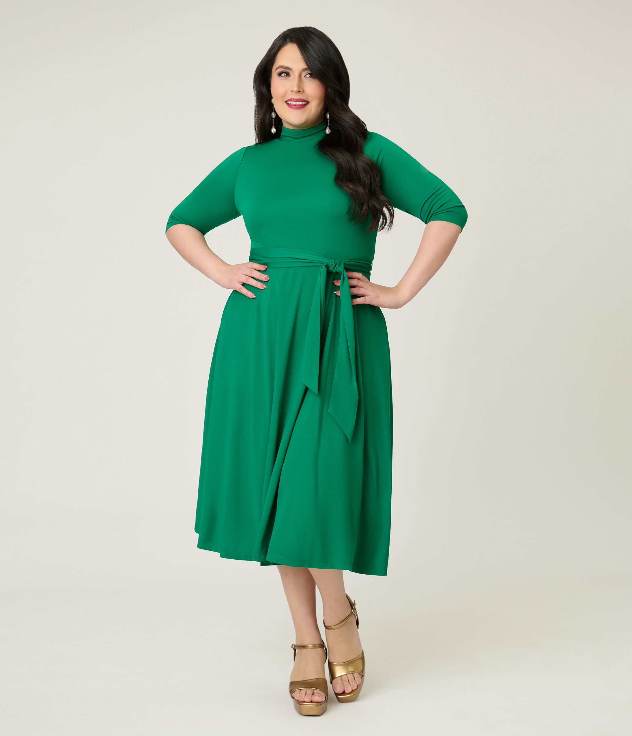 Unique Vintage Plus Size Green Turtleneck Midi Dress