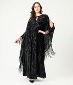 Unique Vintage Black Floral Burnout Fringe Flutter Sleeve Caftan
