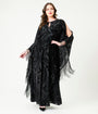 Unique Vintage Black Floral Burnout Fringe Flutter Sleeve Caftan