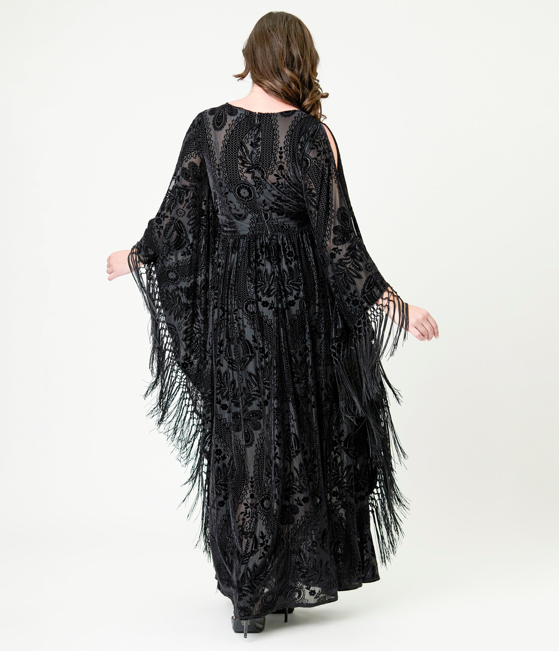 Unique Vintage Black Floral Burnout Fringe Flutter Sleeve Caftan