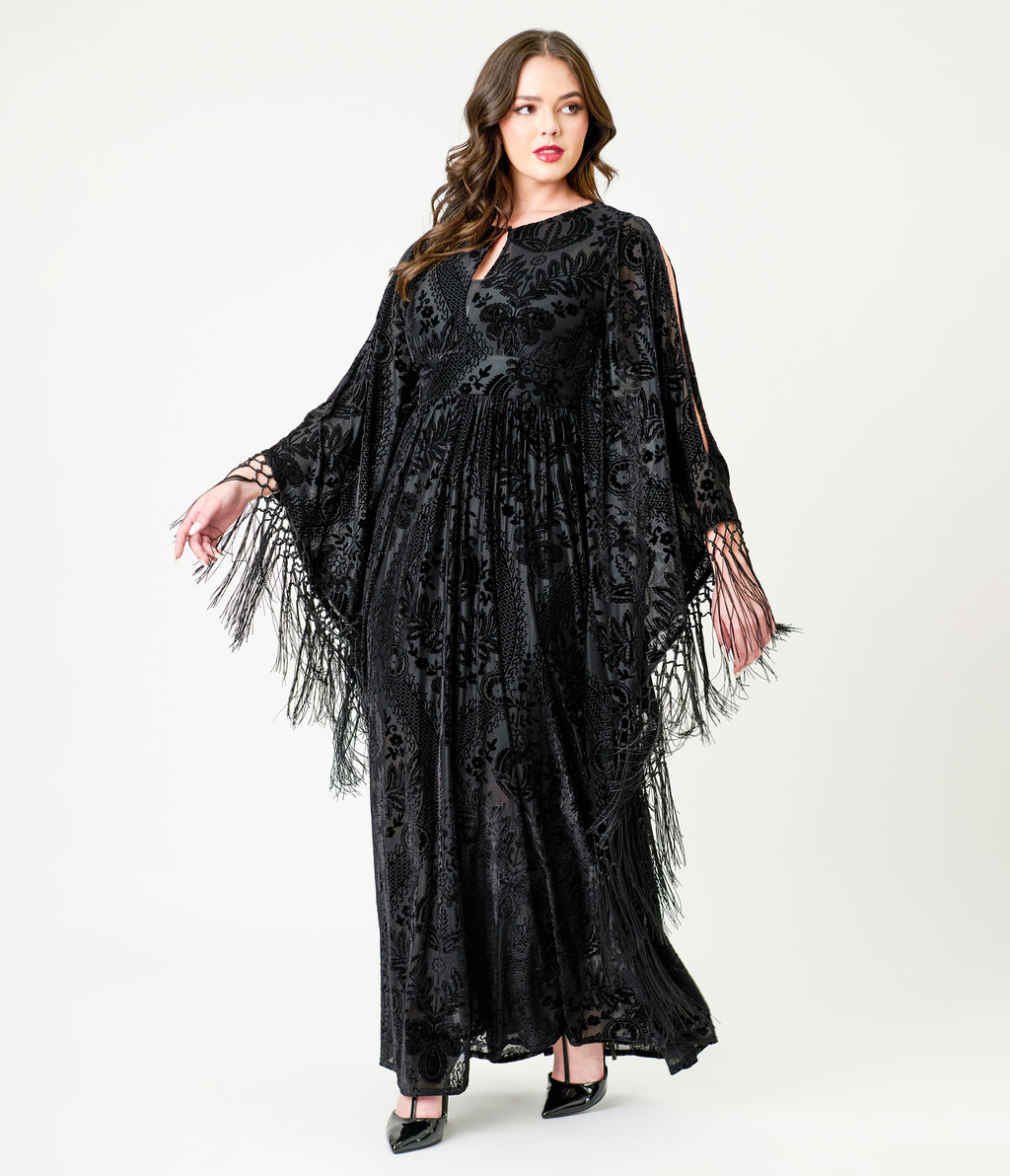 Unique Vintage Black Floral Burnout Fringe Flutter Sleeve Caftan