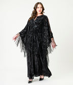 Unique Vintage Black Floral Burnout Fringe Flutter Sleeve Caftan