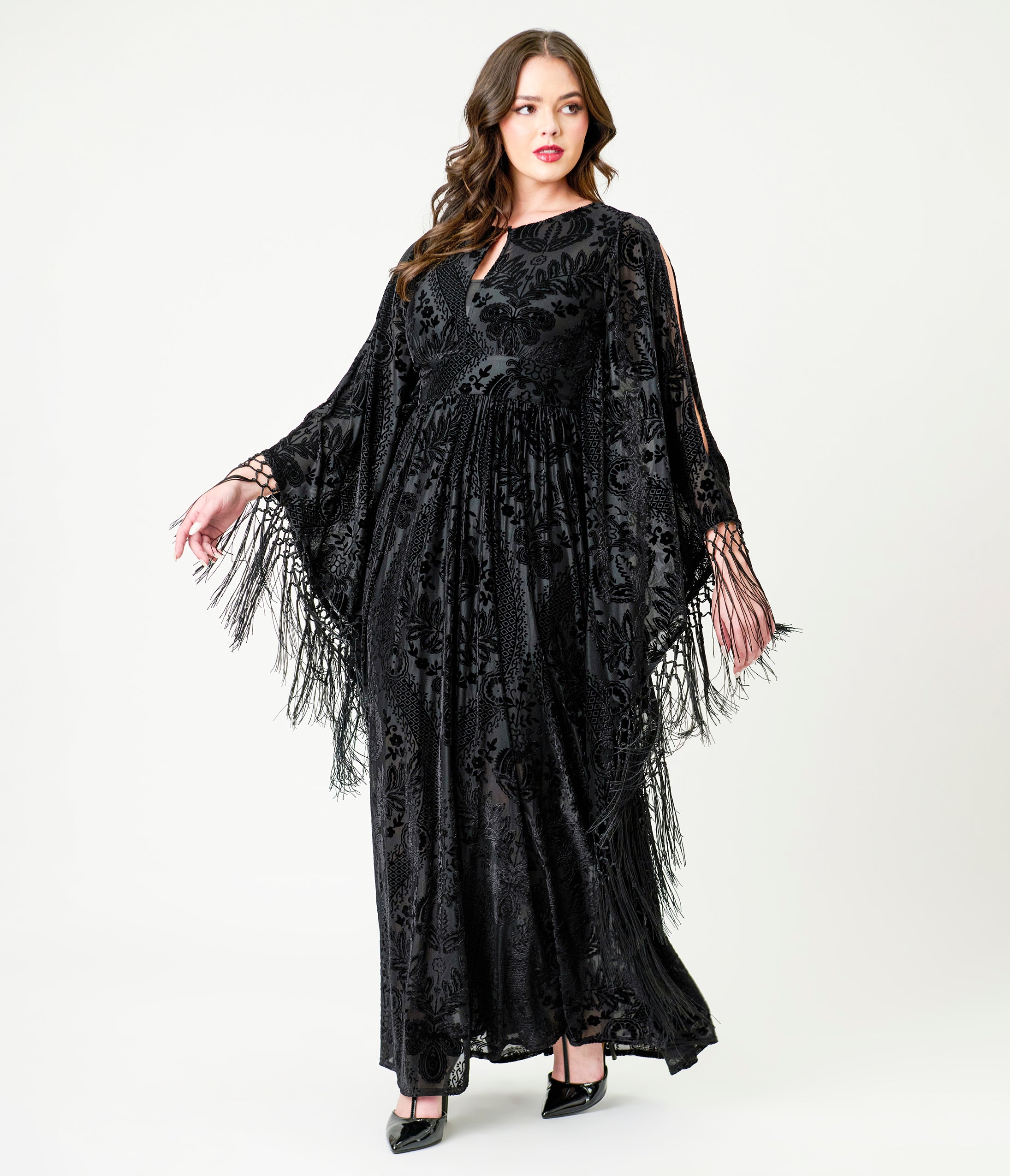 Unique Vintage Black Floral Burnout Fringe Flutter Sleeve Caftan
