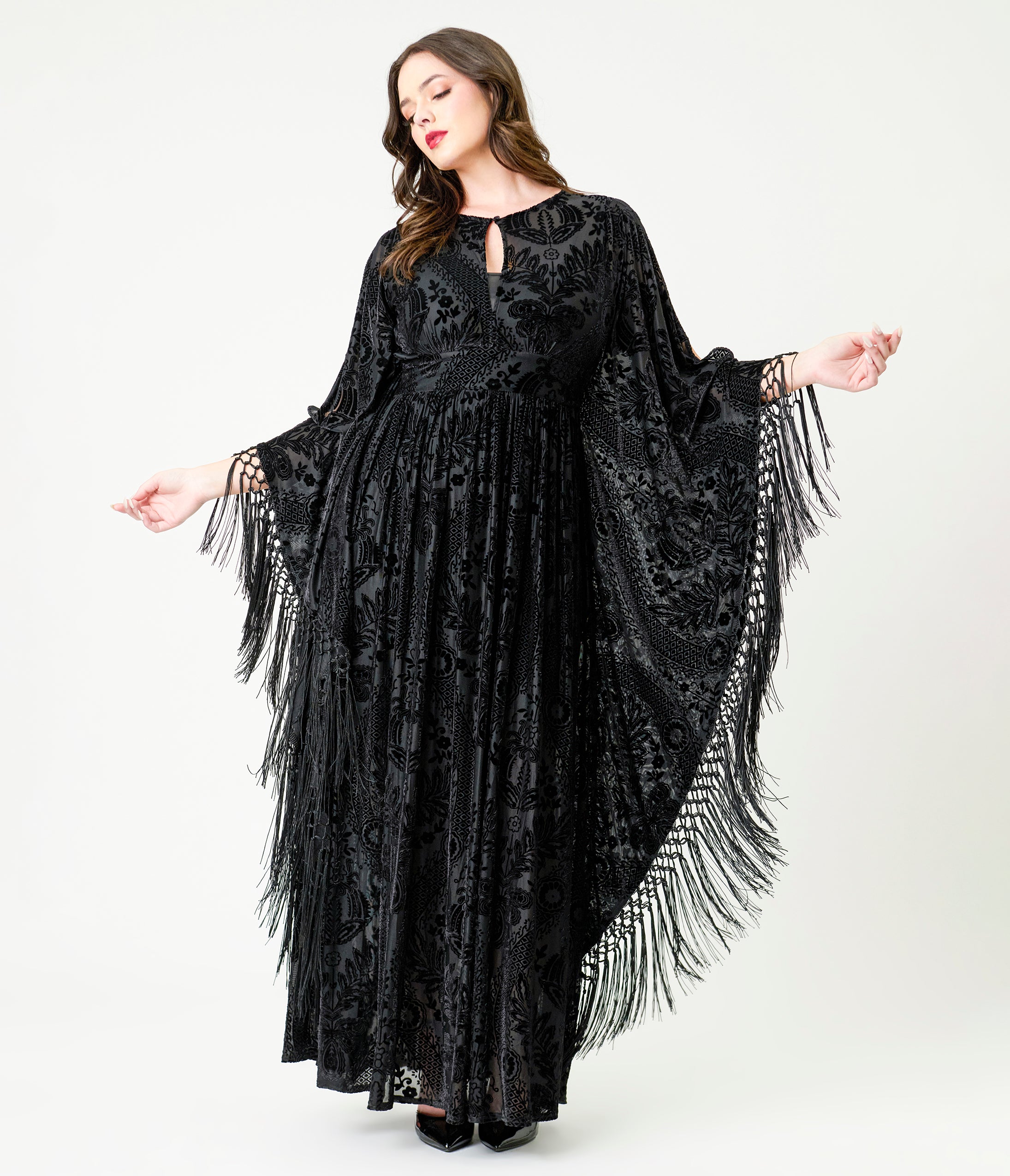 Unique Vintage Black Floral Burnout Fringe Flutter Sleeve Caftan