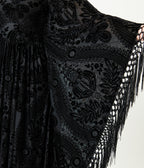 Unique Vintage Black Floral Burnout Fringe Flutter Sleeve Caftan
