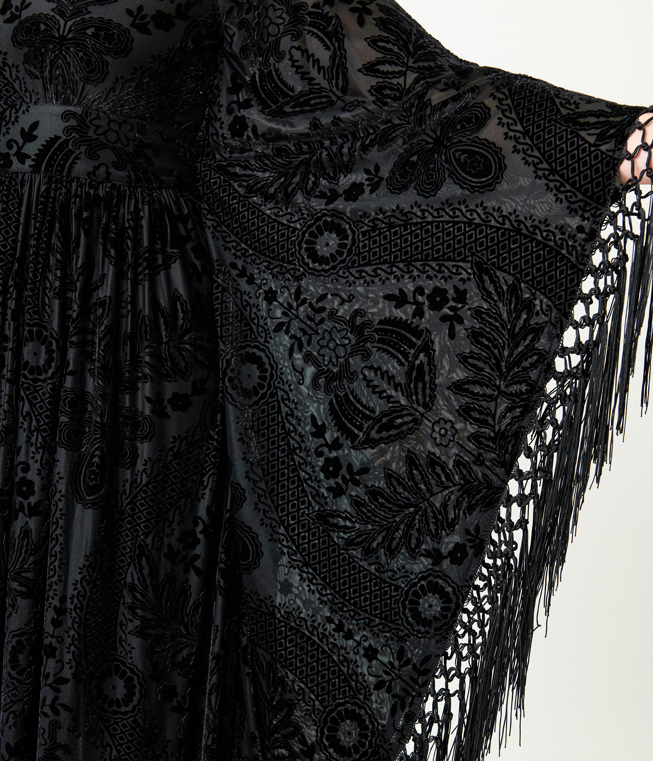 Unique Vintage Black Floral Burnout Fringe Flutter Sleeve Caftan