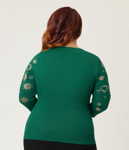 Unique Vintage Plus Size Green & Gold Celestial Minou Sweater