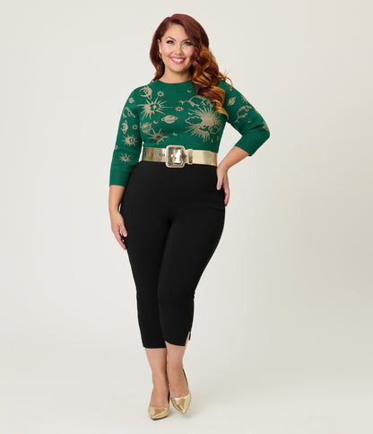 Unique Vintage Plus Size Green & Gold Celestial Minou Sweater