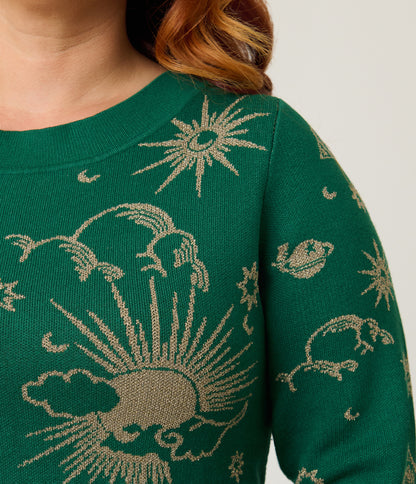 Unique Vintage Plus Size Green & Gold Celestial Minou Sweater
