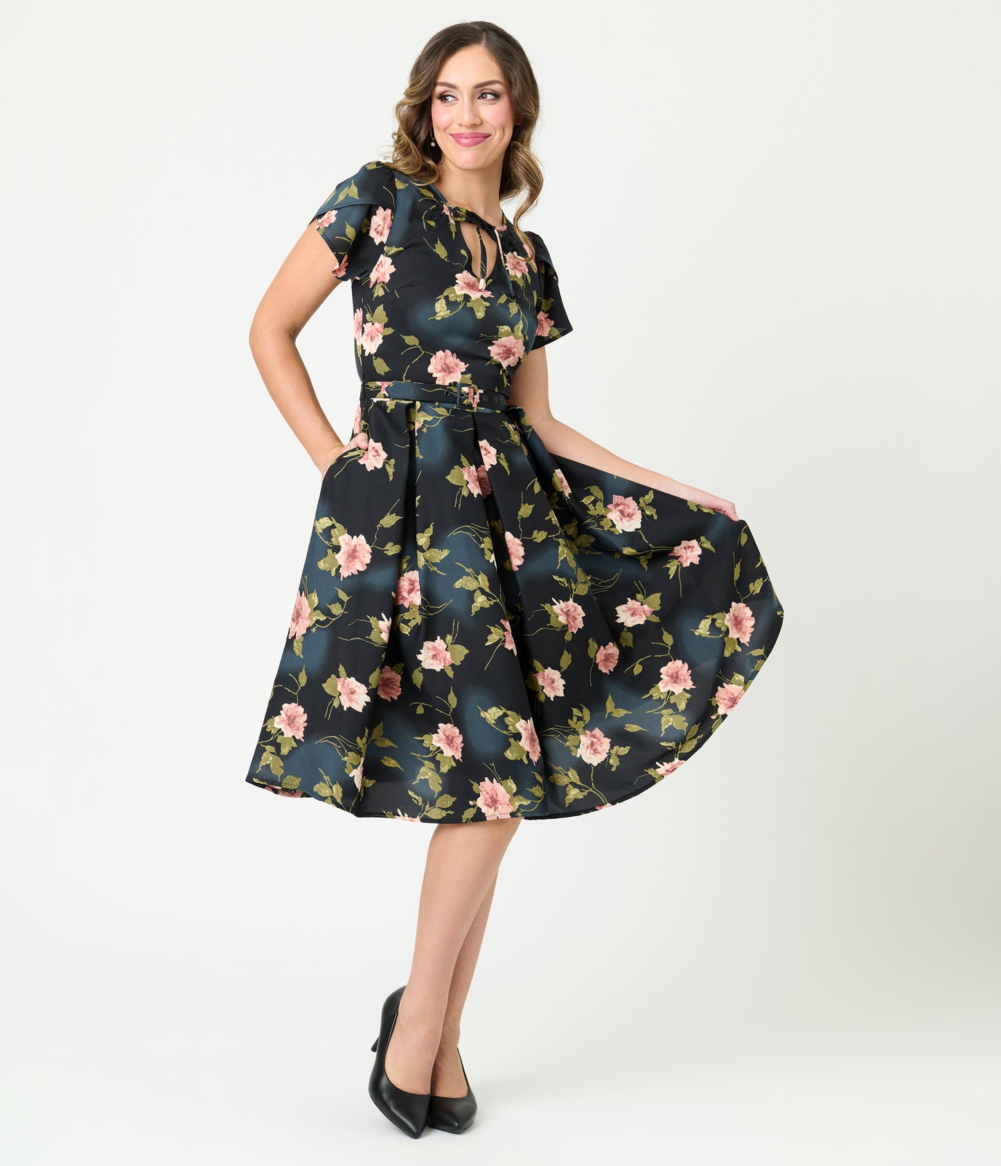 Unique Vintage Black & Pink Floral Dahlia Swing Dress