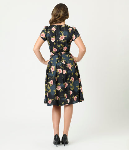 Unique Vintage Black & Pink Floral Dahlia Swing Dress