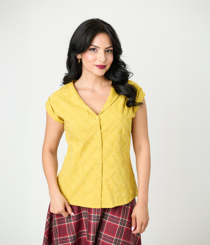 Unique Vintage Mustard Jacquard Sleeveless Blouse