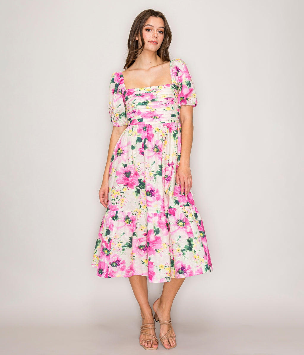 Fuchsia Floral Puff Sleeve Midi Dress