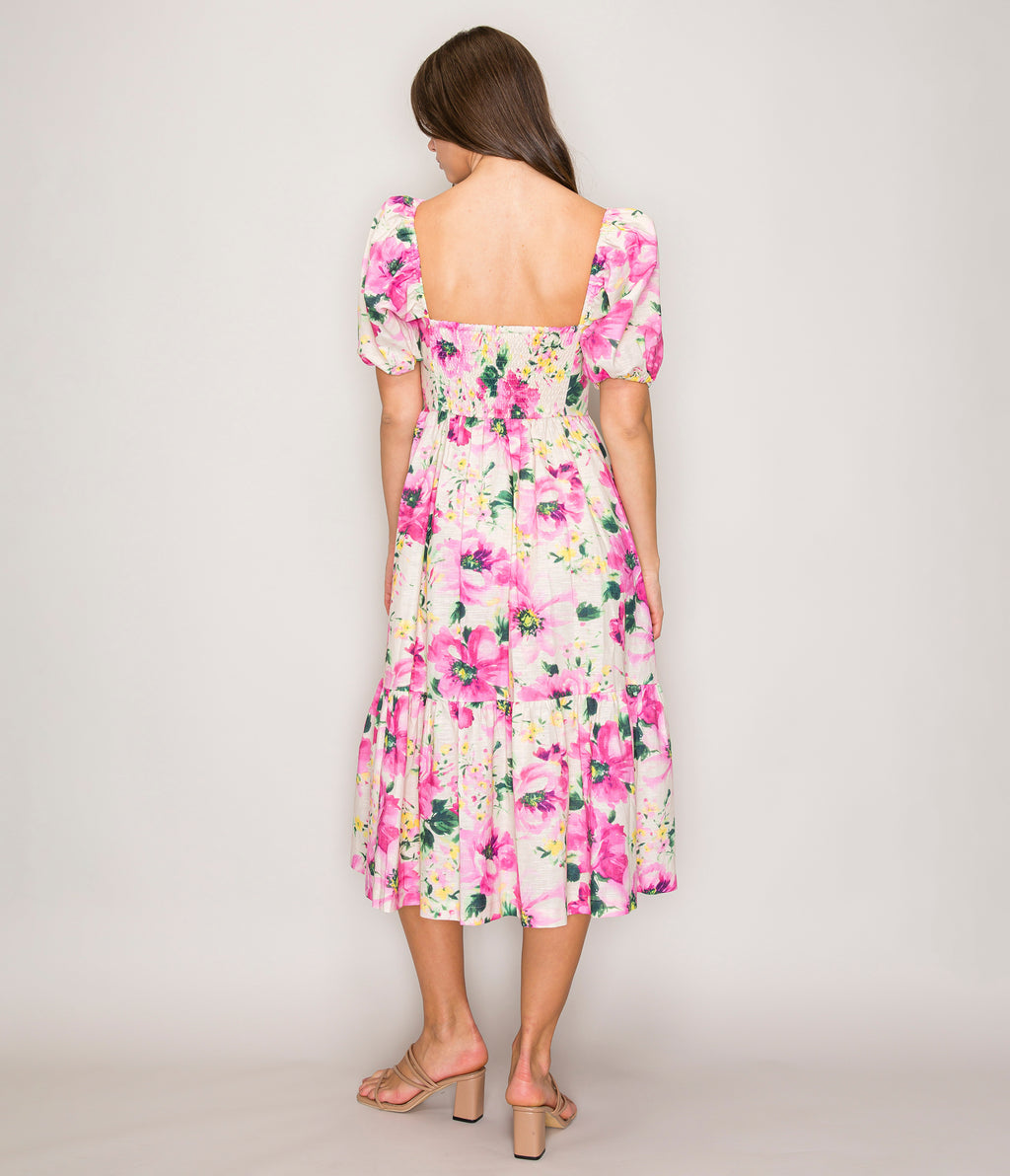 Fuchsia Floral Puff Sleeve Midi Dress